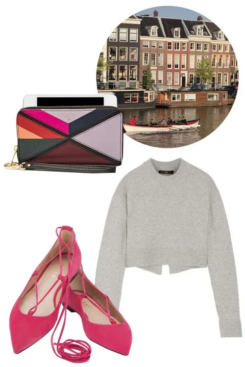 Túi clutch Fossil; $85 ≈ 1.916.000đ; fossil.com - Áo len lửng Tibi; $650 ≈ 14.655.000; net-a-porter.com - Giày M. Gemi; $248 ≈ 5.591.000đ; mgemi.com