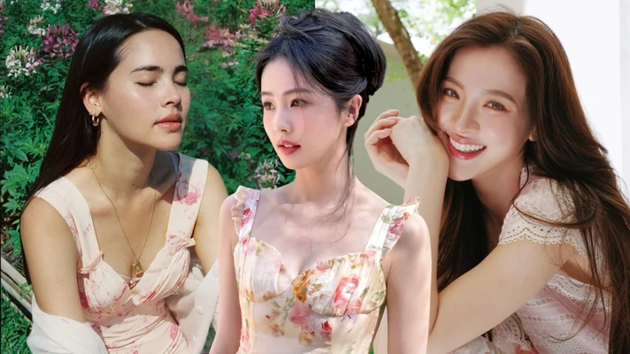 skincare - diễn viên Yaya, Bạch Lộc và Baifern mặc đầm họa tiết hoa nhí và trang điểm tone hồng để chụp ảnh chân dung