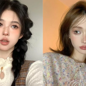 douyin - hai cô gái châu Á trang điểm phong cách douyin để selfie