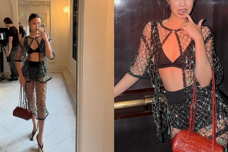 Jennie với bộ móng xanh ngọc kết hợp phụ kiện đỏ tại show Chanel