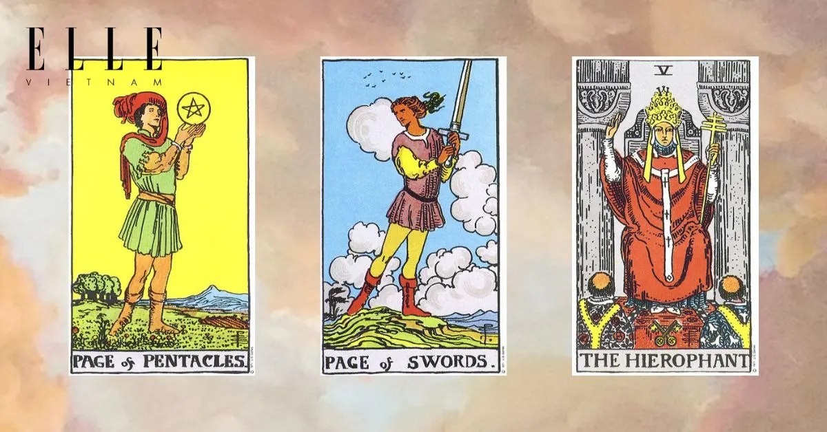 Bạn có các lá bài tarot: Page of Pentacles - Page of Swords - The Hierophant