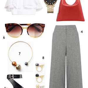 CÁCH PHỐI 1: 1. Áo Zara - 2. Đồng hồ Marc Jacobs - 3. Túi Pedro - 4. Quần Warehouse - 5. Giày Nine West - 6. Mắt kính MAX & Co - 7. Vòng cổ Mango - 8. Set nhẫn Chloé