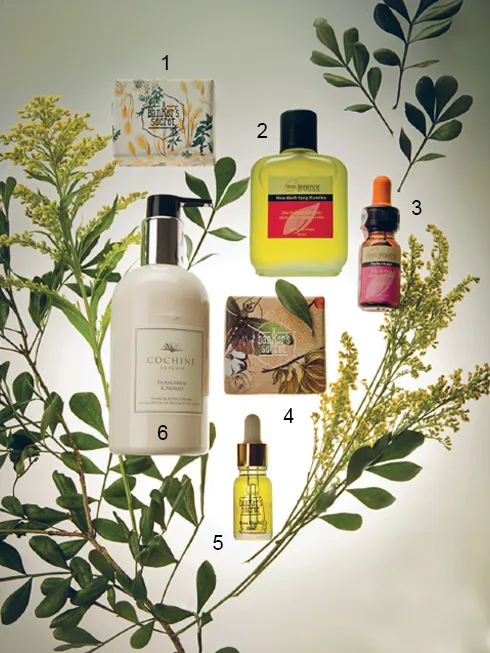 1 & 4. Xà phòng handmade A Banker's Secret 101.000 - 147.000 VNĐ 2. Dầu massage và dưỡng thể Dame Clemence  170.000 VNĐ 3. Tinh dầu hoa hồng dưỡng da mặt Dame Clemence 200.000 VNĐ 5. Tinh dầu hạt rosehip A Banker's Secret 125.000 VNĐ 6. Kem dưỡng tay và dưỡng thể Cochine 420.000 VNĐ