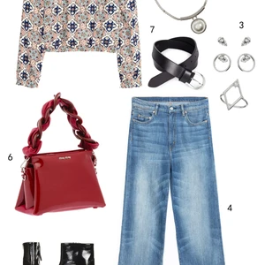 THỨ TƯ: 1 áo H&M, 2 vòng cổ Marks & Spencer, 3 set hoa tai và nhẫn Miss Selfridge, 4 quần jeans Zara, 5 boots Topshop, 6 túi Miu Miu, 7 thắt lưng Marks & Spencer
