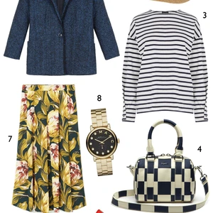 CÁCH PHỐI 1: 1. Blazer MAX & Co - 2. Nón Accessorize - 3. Áo thun Warehouse - 4. Túi Lacoste - 5. Giày Nine West - 6. Nhẫn Coast - 7. Váy Mango - 8. Đồng hồ Marc Jacobs