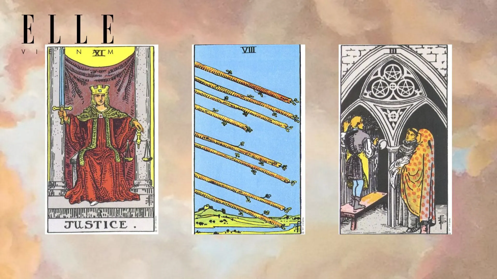 Trải bài tarot tuần mới gồm The Justice - Eight of Wands - Three of Pentacles
