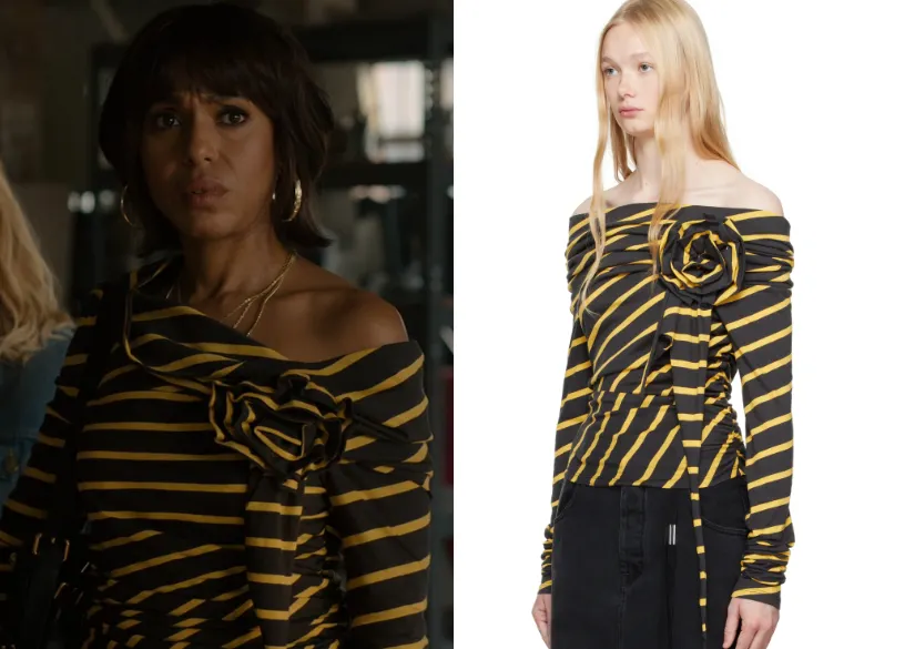 Ấn tượng với người xem chính là họa tiết kẻ sọc ngang màu đen và vàng từ thiết kế của VAQUERA. Sự kết hợp giữa đen và vàng thường mang ý nghĩa cảnh báo nguy hiểm. Chính sự méo mó, bất đối xứng và màu sắc đã phơi bày tâm lý đầy bất trắc và căng thẳng của Eleanor