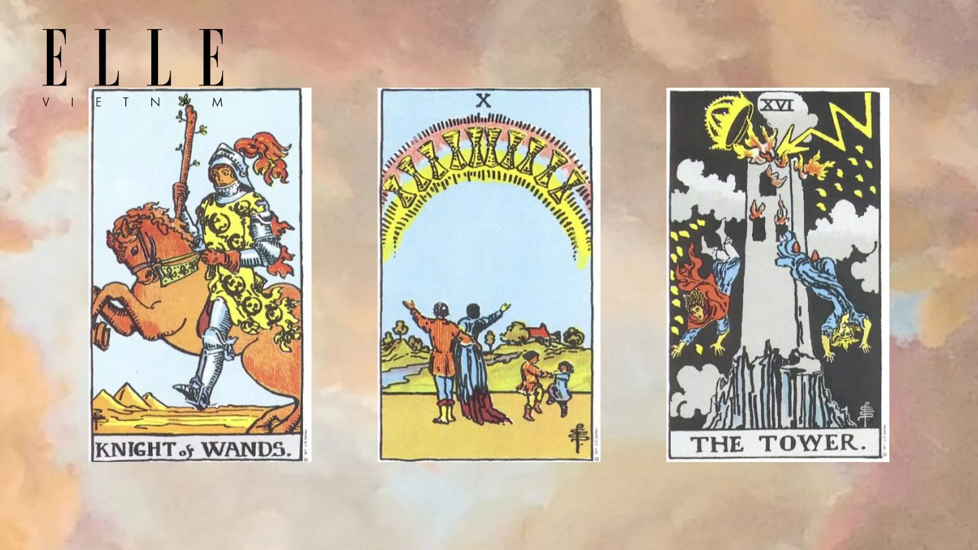 trải bài tarot gồm Knight of Wands - Ten of Cups - The Tower