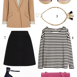 CÁCH PHỐI 4: 1. Áo blazer Oasis - 2. Mắt kính Max & Co - 3. Vòng cổ Coast - 4. Áo thun kẻ sọc H&M - 5. Túi xách Furla - 6. Giày Charles & Keith - 7. Váy Warehouse