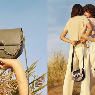 cô gái mặc đồ nude pastel đeo túi furla