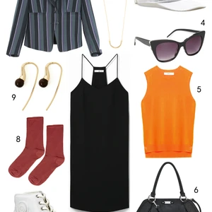 THỨ BA: 1 áo khoác blazer MAX & Co, 2 dây chuyền Warehouse, 3 nón Lacoste, 4 mắt kính Aldo, 5 áo Zara, 6 túi Nine West, 7 giày Ecco, 8 vớ Topshop, 9 hoa tai Warehouse, 10 đầm Mango