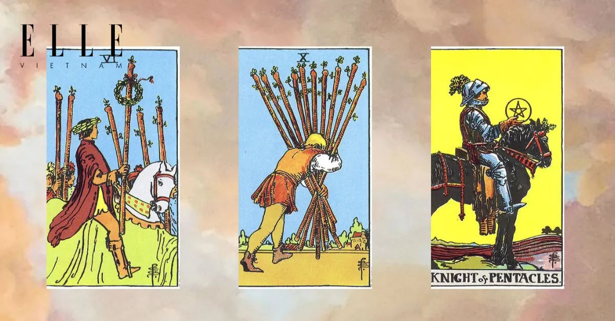 trải bài tarot gồm Six of Wands - Ten of Wands - Knight of Pentacles