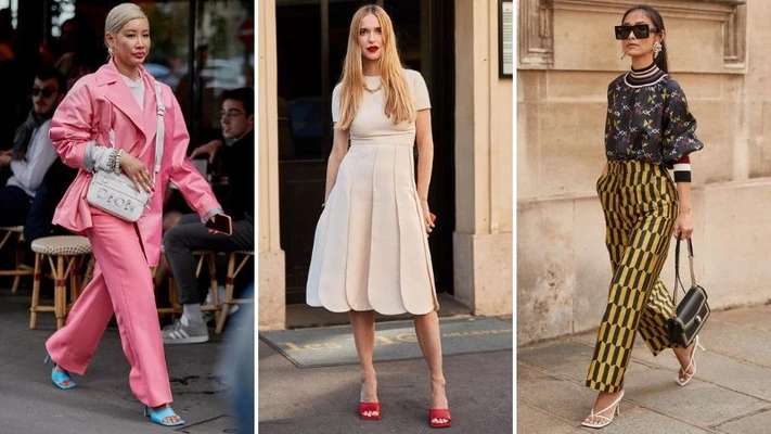 fashionista đi giày mũi vuông trên đường phố