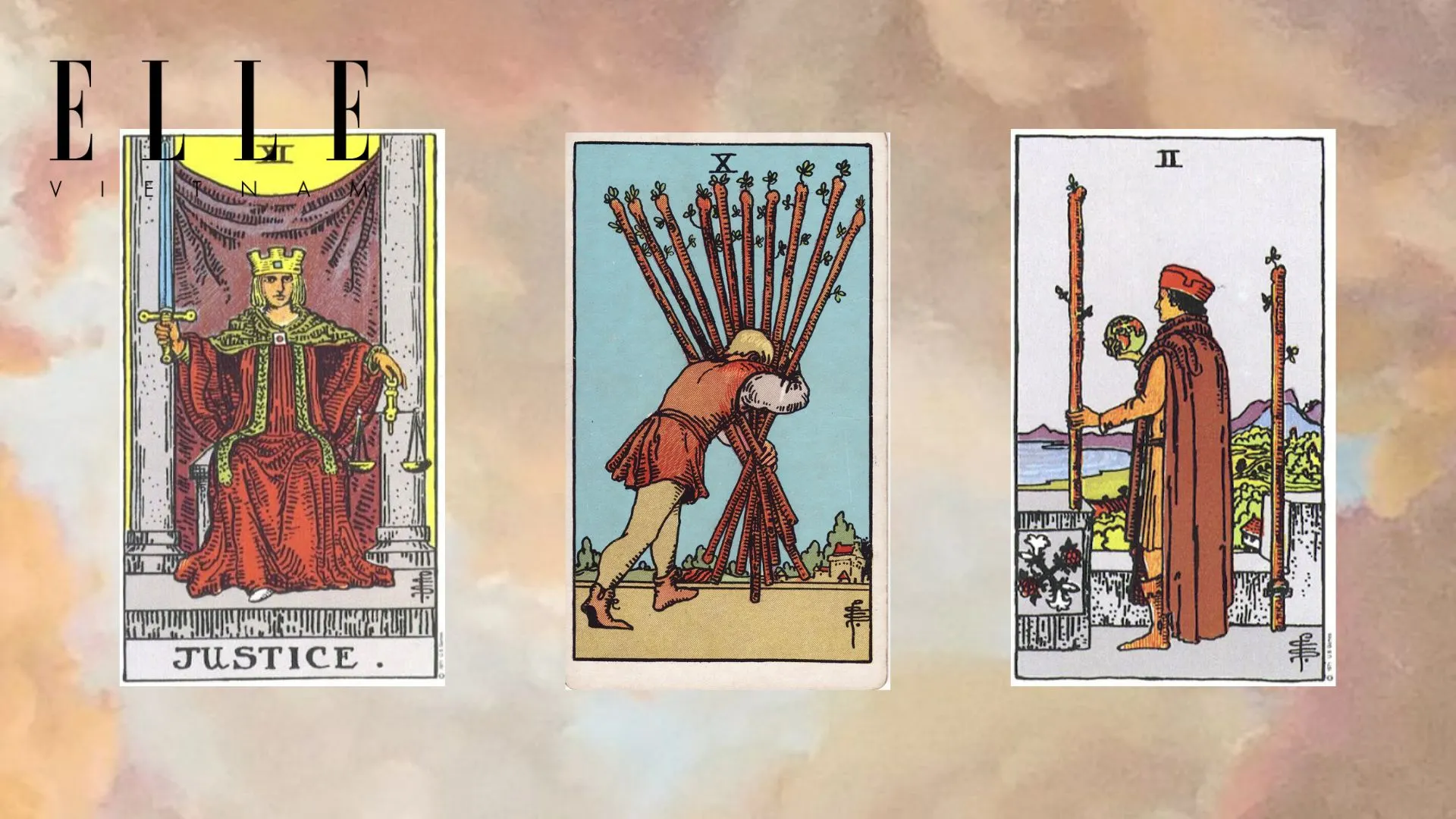 trải bài tarot tuần mới gồm các lá bài Justice - Ten of Wands - Two of Wands