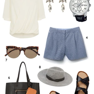 CÁCH PHỐI 4: 1. Áo Karen Millen - 2. Hoa tai Coast - 3. Đồng hồ Casio - 4. Quần shorts Lacoste - 5. Dép Ecco - 6. Túi Oasis - 7. Mắt kính H&M - 8. Nón Oasis