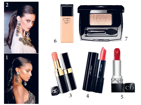1&2.Dsquared2 3.Son hồng da Chanel 4.Son môi siêu mượt Shiseido 5.Son đỏ nhiều ẩm Dior 6.Kem nền mỏng nhẹ Shiseido 7.Phấn mắt ánh kim loại Chanel