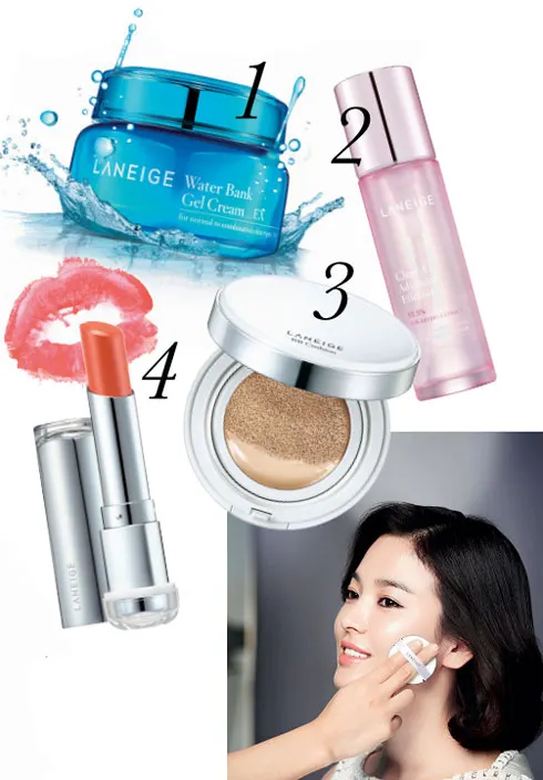 1. Gel dưỡng ẩm Laneige  Water Bank 2. Tinh chất  hỗ trợ Laneige Clear C  Advanced Effector 3. Kem  nền Laneige BB Cushion  4. Son Langeige Serum  Intense Lipstick