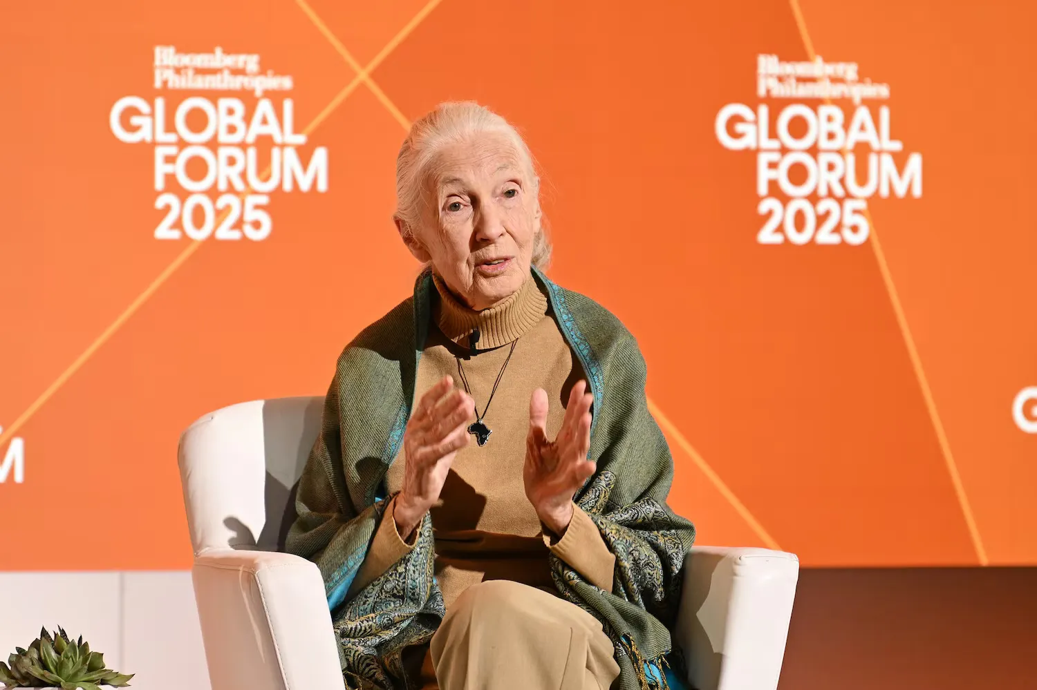 Jane Goodall diễn thuyết tại Diễn đàn Nhân học Quốc tế ở Bloomberg vào ngày 24/9/2025. 