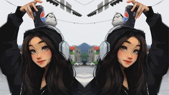 2 cô gái đang có 1 chú chim đậu trên đầu