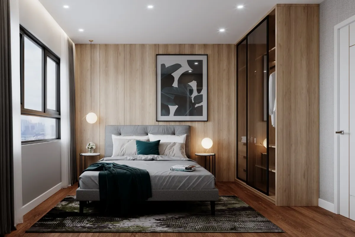 Phòng ngủ concept trung tính có nội thất gỗ