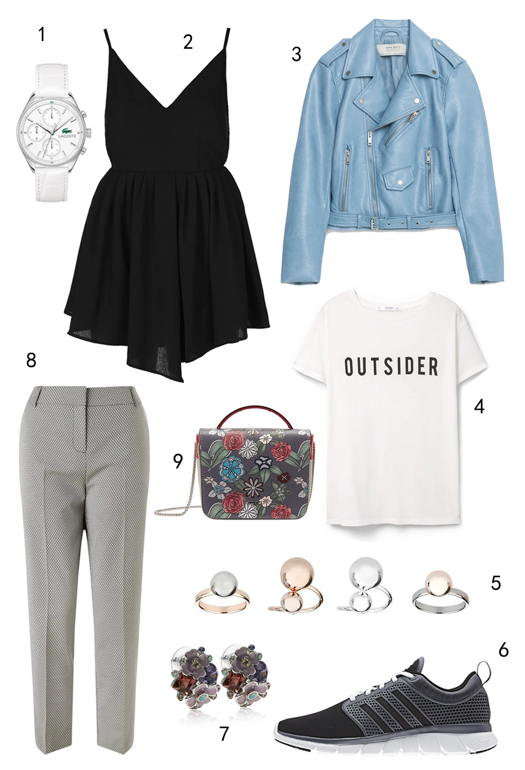 THỨ SÁU: 1 đồng hồ Lacoste, 2 đầm Topshop, 3 áo khoác Zara, 4 áo thun Mango, 5 set nhẫn Topshop, 6 giày Adidas Cloudfoam, 7 hoa tai Marks & Spencer, 8 quần Miss Selfridge, 9 túi Furla
