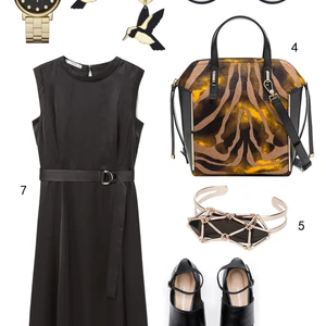 THỨ BẢY: 1 đồng hồ Marc Jacobs, 2 hoa tai Topshop, 3 mắt kính Mango, 4 túi Furla, 5 vòng tay Topshop, 6 giày Warehouse, 7 đầm Mango