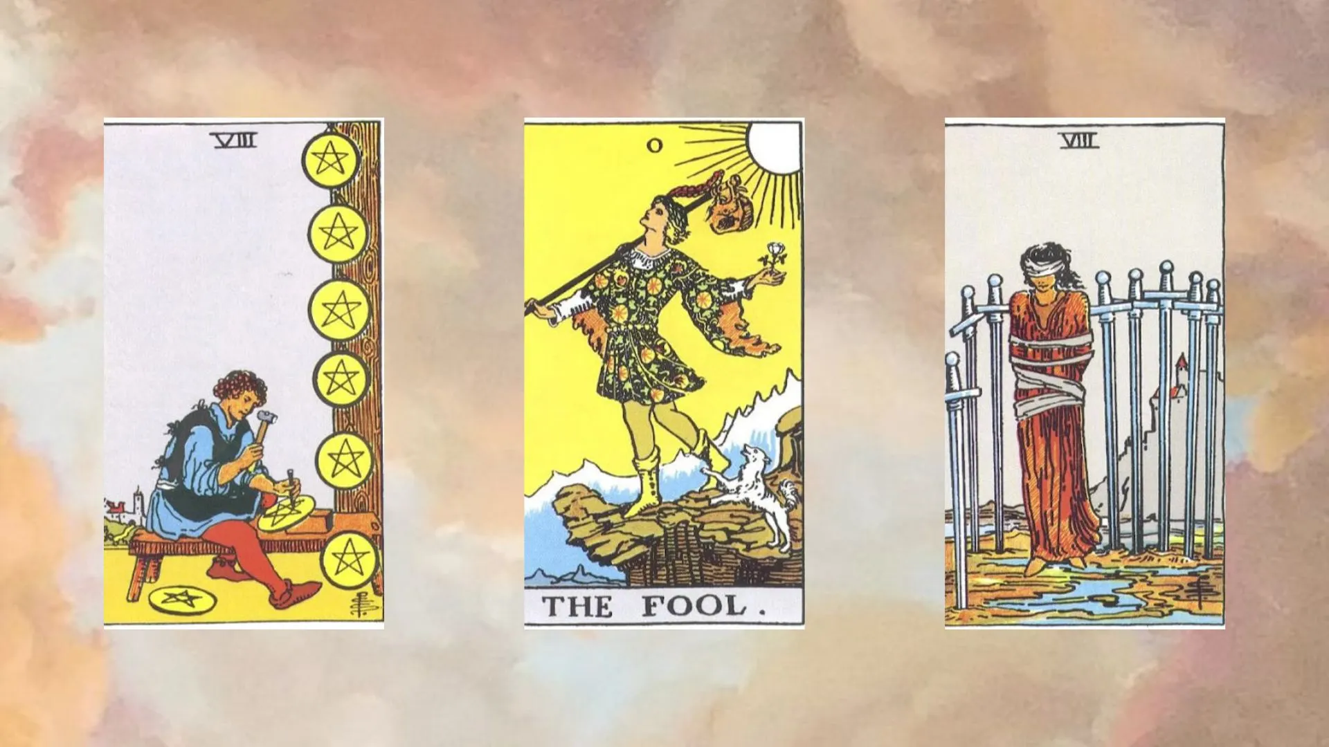 tarot tụ 2 Eight of Pentacles – The Fool – Eight of Swords