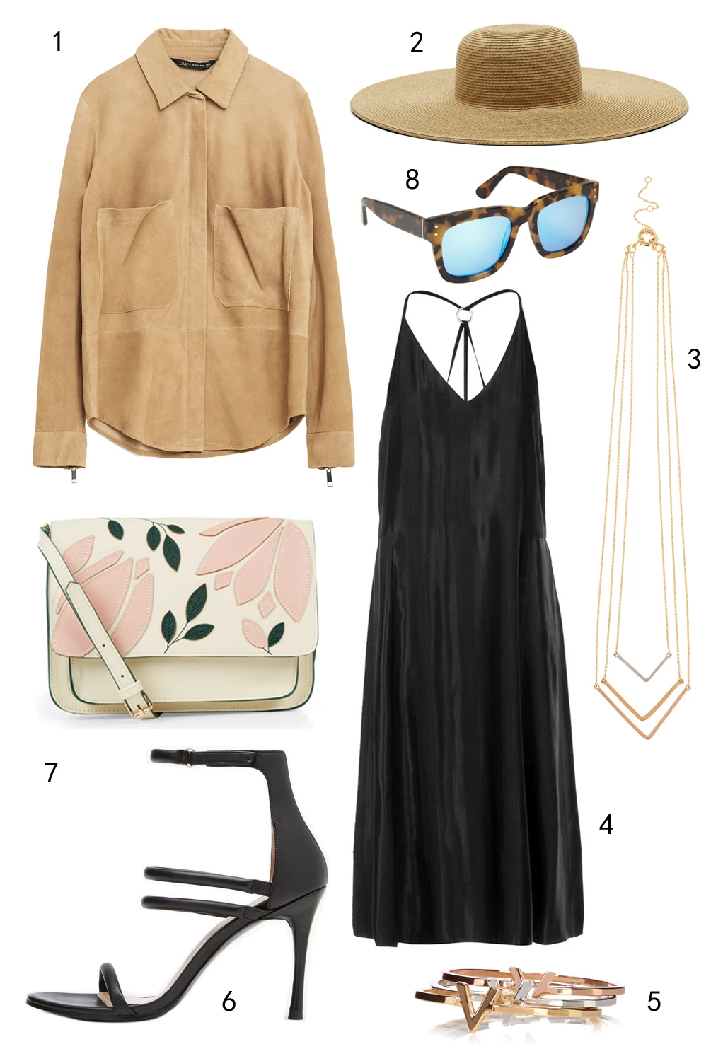 THỨ NĂM: 1 áo Zara, 2 nón Nine West, 3 dây chuyền Coast, 4 đầm Topshop, 5 set vòng tay Coast, 6 giày DKNY, 7 túi DKNY