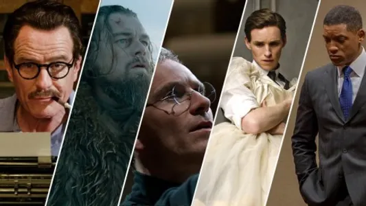 Các ứng cử viên cho hạng mục Nam diễn viên phim chính kịch xuất sắc nhất (từ trài sang): Bryan Cranston, Leonardo DiCaprio, Michael Fassbender, Eddie Redmayne và Will Smith.