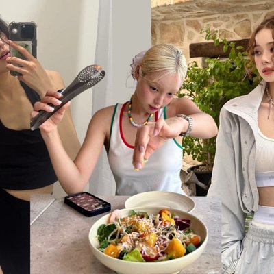 ba cô gái trong trang phục thể thao cùng thức ăn lành mạnh