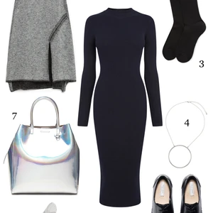 CÁCH PHỐI 5: 1.Áo len Zara - 2.Nhẫn Topshop - 3.Vớ Marks & Spencer - 4.Dây chuyền Topshop - 5.Giày Cole Haan - 6.Vòng tay Topshop - 7.Túi Banana Republic