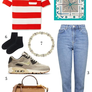 CÁCH PHỐI 5: 1. Áo thun kẻ sọc Lacoste - 2. Khăn lụa 28x28 Hèrmes - 3. Quần jeans Topshop - 4. Túi xách Charles & Keith - 5. Giày Nike Air Max 90 Premium Suede - 6. Vớ Marks & Spencer - 7. Vòng tay Accessorize