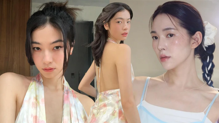 tóc con - cô gái châu Á mặc áo hai dây, tạo kiểu tóc thắt bím và buộc nửa đầu để selfie