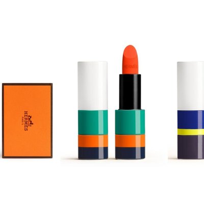Hermès - lọ sơn móng tay màu tím và cây son môi màu cam, xanh lá, xanh dương