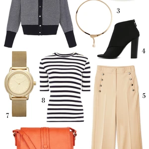 CÁCH PHỐI 2: 1. Cardigan Max & Co - 2. Nón Accessorize - 3. Vòng cổ Marks & Spencer - 4. Giày Aldo - 5. Quần Mango - 6. Túi xách Accessorize - 7. Đồng hồ DKNY - 8. Áo thun kẻ sọc Dorothy Perkins