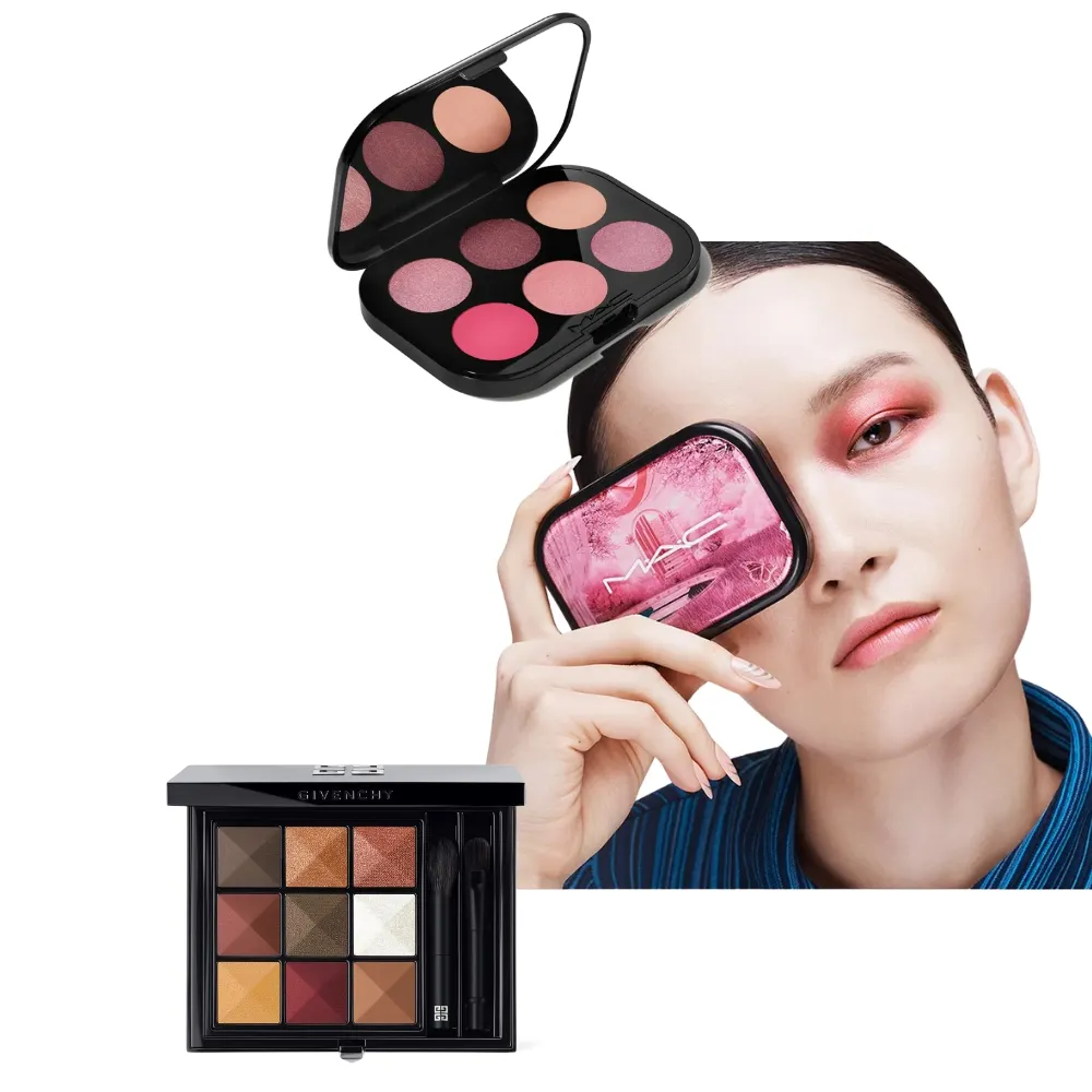 Cô gái cầm bảng phấn mắt MAC và bảng phấn mắt GIVENCHY gồm những màu sắc thường có trong trang điểm