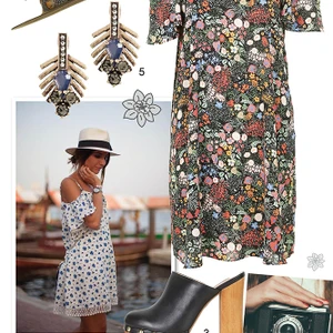 Thứ năm: Nữ tính với váy hai dây trễ vai họa tiết hoa.