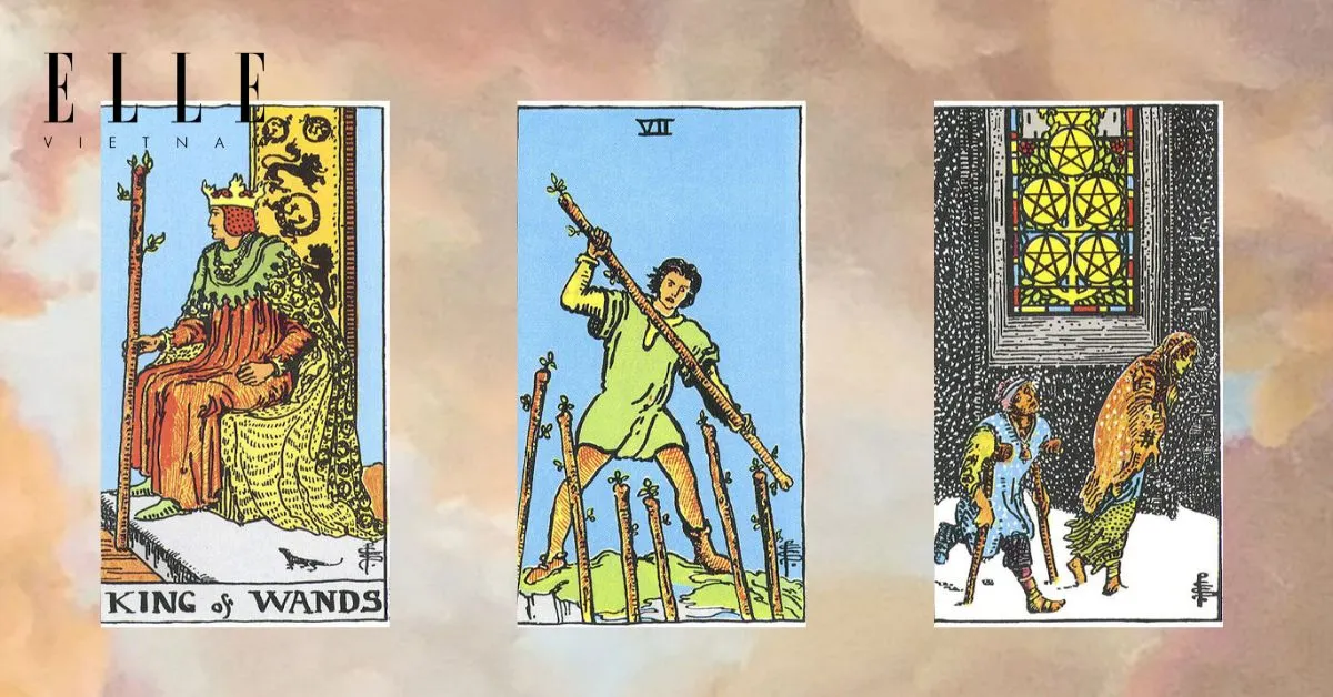 trải bài tarot tuần mới gồm các lá bài tarot King of Wands - Seven of Wands - Five of Pentacles