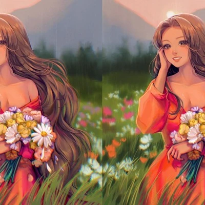 hai cô gái đang ôm bó hoa đứng giữa đồng hoa