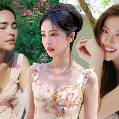 skincare - diễn viên Yaya, Bạch Lộc và Baifern mặc đầm họa tiết hoa nhí và trang điểm tone hồng để chụp ảnh chân dung