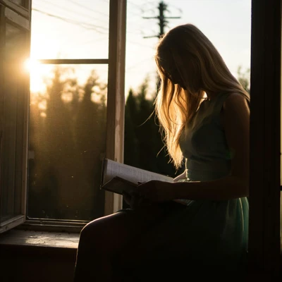 cô gái elle ngồi đọc sách bên cửa sổ