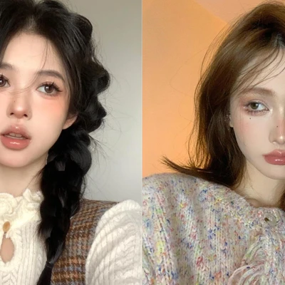 douyin - hai cô gái châu Á trang điểm phong cách douyin để selfie