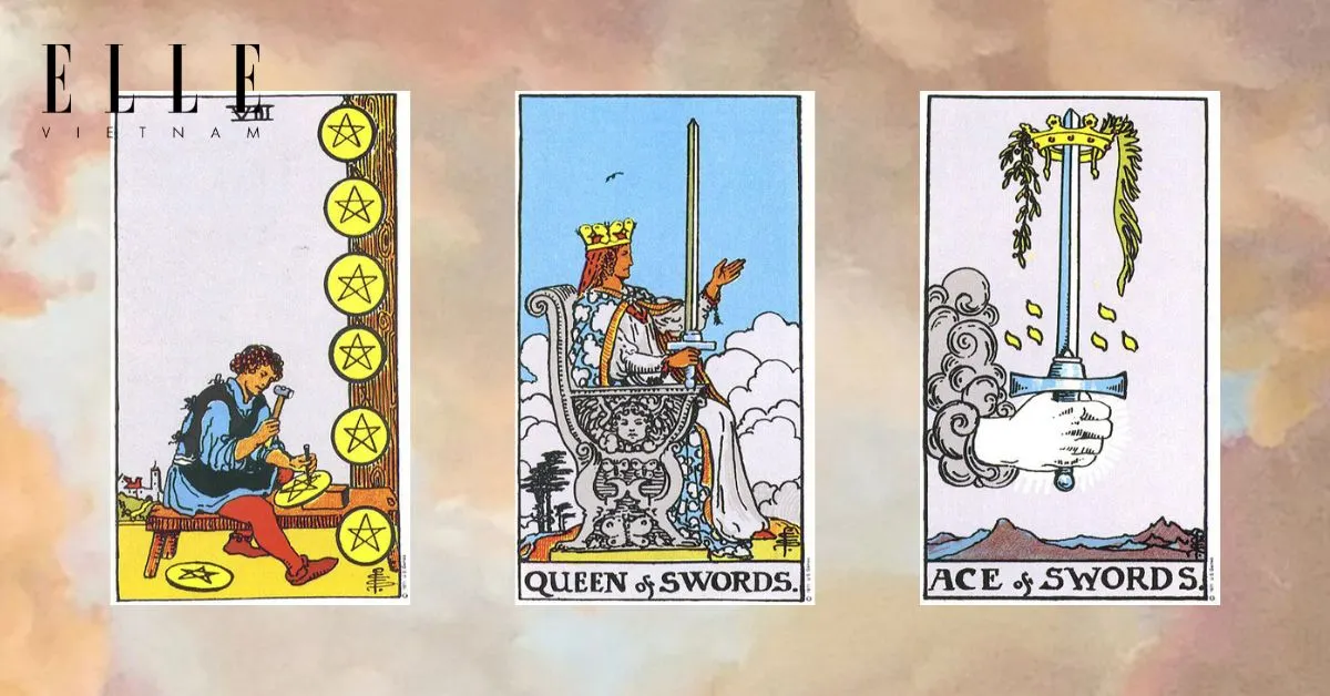 Bạn có các lá bài tarot: Eight of Pentacles - Queen of Swords - Ace of Swords