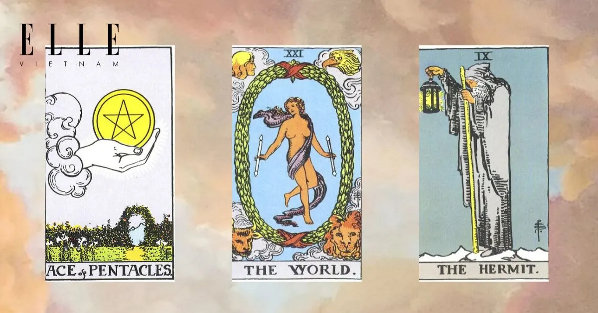 Bạn rút được 3 lá bài tarot: Ace of Pentacles - The World - The Hermit