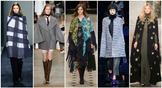 Áo khoác poncho đã trở lại sàn diễn thời trang Thu -Đông 2015. ( Từ trái qua phải: Bottega Veneta, Chlóe, Burberry Prorsum, Emporio Armani, Emilio Pucci )