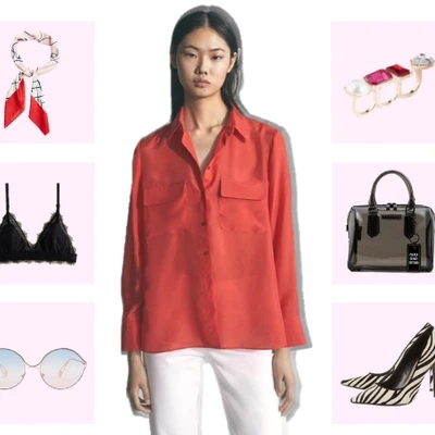 elle style calendar áo sơmi lụa đỏ túi xách đen giày cao gót da động vật