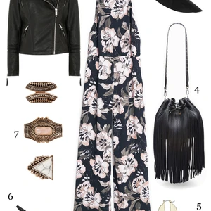 THỨ BA: 1 áo khoác Warehouse, 2 jumpsuit Mango, 3 nón Topshop, 4 túi Bally, 5 hoa tai Topshop, 6 giày Charles & Keith, 7 set nhẫn Aldo