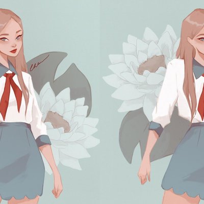 hai cô gái áo trắng khăn quàng đỏ đứng trước đóa hoa đang nở