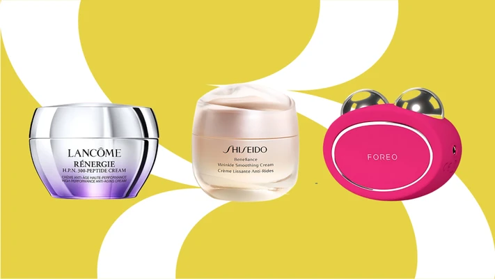 nâng cơ - hũ kem dưỡng của thương hiệu Lancome và Shiseido, máy nâng cơ mặt màu hồng của Foreo