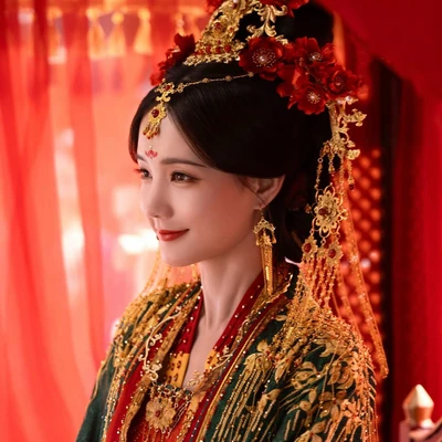 Lý Nhất Đồng trong tạo hình tân nương với hỉ phục đỏ - xanh rực rỡ và phụ kiện vàng.